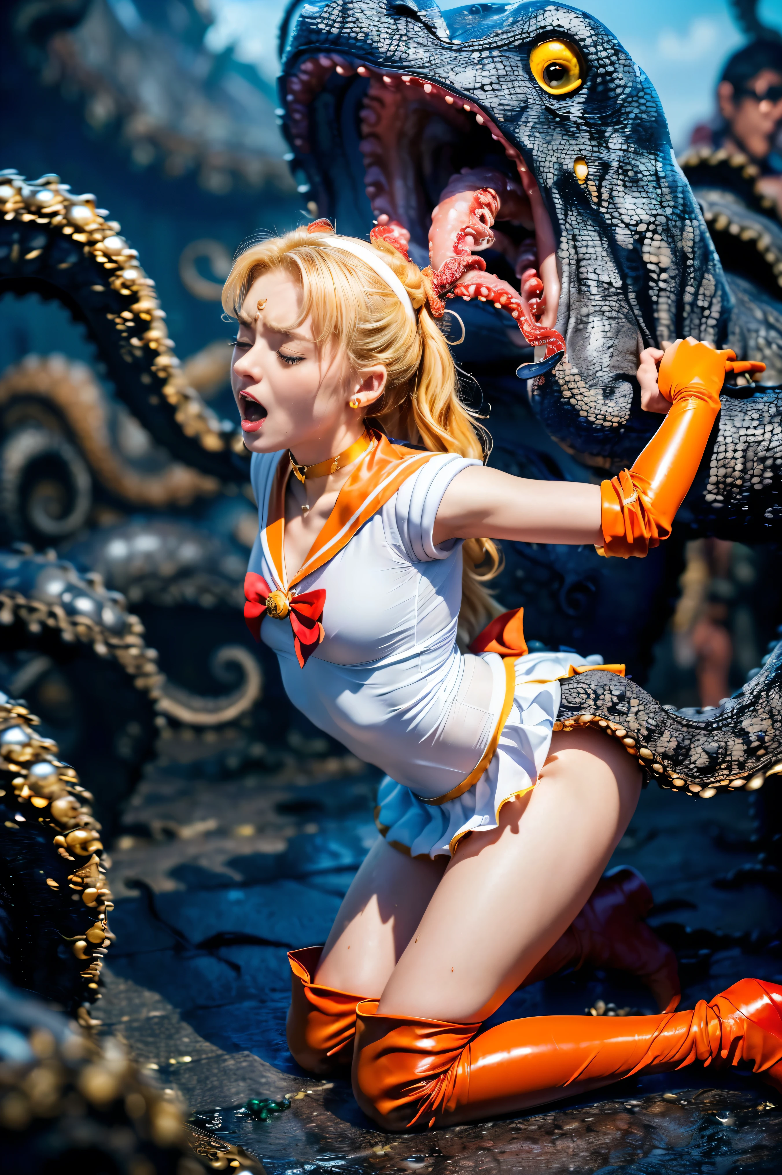 (The 8k quality, Ultra-high resolution quality, Ultra high definition, Photorealistic, Best Quality):5.5, (​master piece):5.0, (no nsfw, (tentacle attack, tentacle wrapped body), The extreme oily skin Kraken uses its many legs to wrap around sailor vinus's body violently, (depiction of rape by KRAKEN):1.5):15.0, (camera angle from oblique view):7.0, (Beautifully shaped sailor vinus fighting KRAKEN, (vinus, sv1, (blonde straight long hair), tiara, sailor senshi uniform, orange sailor collar, red bow, knee boots, red choker, white gloves, orange choker, elbow gloves, jewelry, earrings, orange skirt, white pantie), a little smaller breasts, bending backward, kneeling, striding on KRAKEN's leg, medium build, medium height):15.0, (sailor vinus's body bound by many Kraken legs, attack KRAKEN's legs with golden chains):10.0, (closed eyes, screaming expression face):5.0, (Deck of an abandoned ship):4.0,