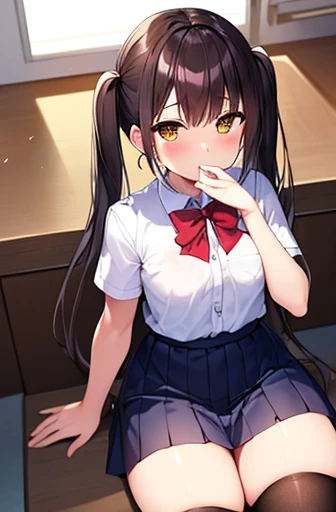 (High definition, high quality),(1 Female, Brown hair, medium length hairstyle, Gradient brown eyes, black eyeliner, thin lips, Laugh shyly ),( High school girl uniform, pleated mini skirt),( Arms up, Sit down and spread legs)