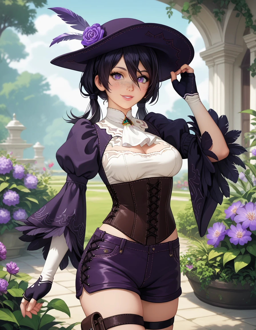 perfect eyes:1.2, detailed eyes:1.4, short hair, low twintails, small breasts, childish, cute, sitting, twintails, black hair, freckles:1.2, purple eyes, smile, sexy, pantyhose, witch hat, black shorts, cleavage, outdoors, cowboy shot, 1girl, solo, (masterpiece:1.6, best quality),