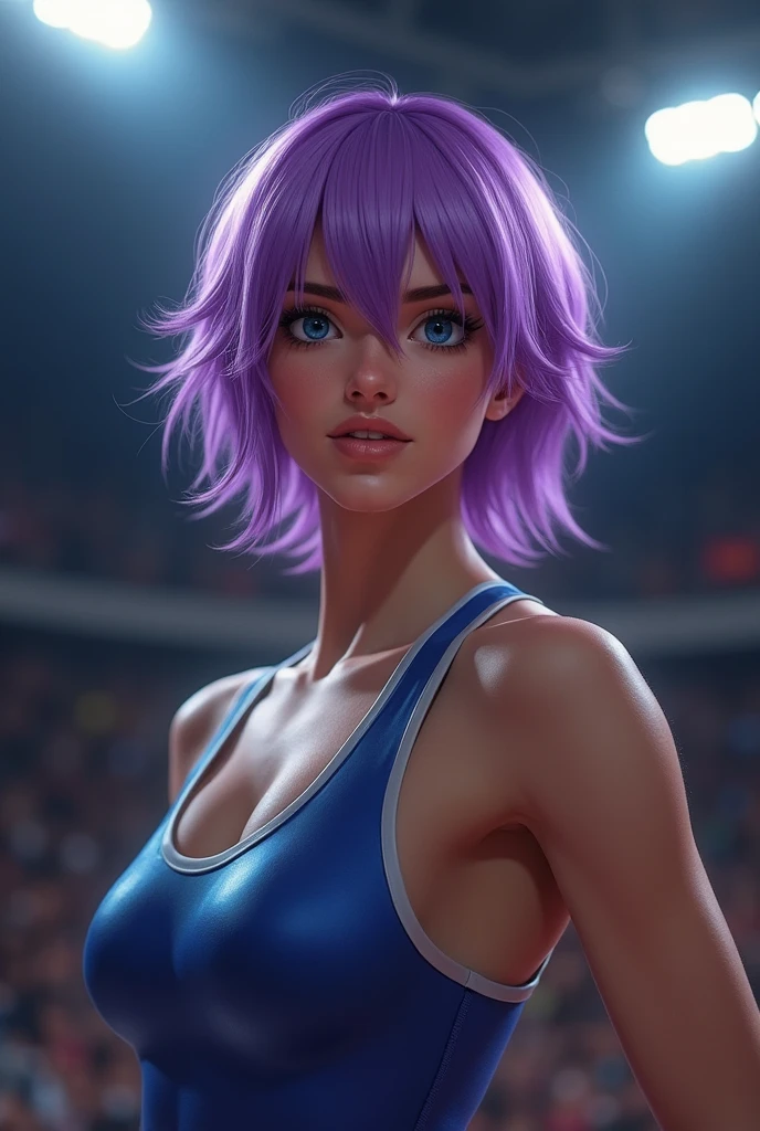 there is a woman in a purple shirt posing for a photo in a purple shirt, arms to the side, arms behind the back, side pose, half body photo, half body photo close up, back photo, upper body photo , toned arms, mid body photo, half body shot, half body shot, looking from the side!, bent arm pose! black background. She is wearing a vibrant purple sports tank top and mixed shorts (((blue-gray-green-black))), suggesting an active lifestyle or athletic attire for working out. Sharp photo, high quality, high resolution (ultra quality masterpiece), Ultra HD, high contrast, 16K. Masterpiece: 1.3, high resolution, (photographically realistic), NUDE, NUDITY, NFSW.