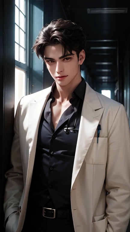full body showing,OriginalPhoto,Ultra photo realsisim,(masterpaintings,8K UHD,hdr,Extremely detailled,Complicated details,Best Quority,Professnal,Dark colors),1boys,Short Hair Hair,Cool expression,With a cross necklace,Red stud earrings,White shirt,white pantie,(Abs:1.2),Open coat,leaning back to wall,Photo pose,