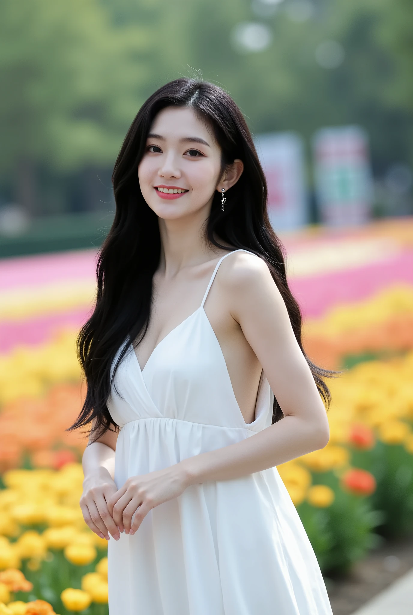 Create a stunning portrait of a beautiful Japanese actress with porcelain skin and tousled, long black hair. She is wearing a flowing pure white dress, standing in a vibrant flower garden with a radiant smile. The scene is illuminated with cinematic lighting, enhancing the ethereal quality of the moment.