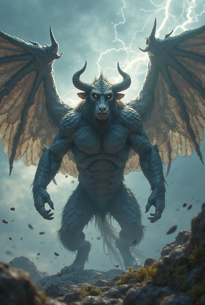 Create a dangerous  cyburg looking creature of Gorilla muscles and rhino and eagle legs and wings in jungle