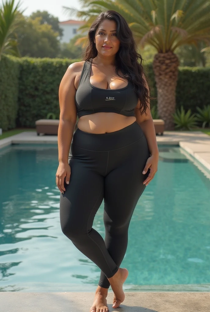 a model, stunning mature female, tamil ,middle aged, freckless on face, tonned curvy fit body, dark brown skin, moles on body, natural busty, fizzy long black hair, wearing mfashion gymsuit, gym in background