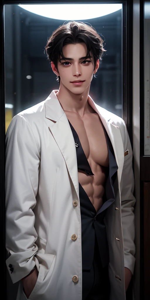 Rosto irritado, bravo, dominante, sobrancelha erguida, Serious, moderno, latex, usando roupa preta, vendado, black pants, usando venda preta nos olhos, camisa aberta, sensual, sedutor ((melhor qualidade, 8k, obra-prima: 1.3)), foco nítido: 1.2 、 (corte de camada, grande: 1.2), corpo perfeito, pale skinned, dedos perfeitos, homem bonito, magro, japanese, cabelo albino, sorriso, roqueiro, marked , Eye Mask, sorriso bobo. cabelos branco como a neve, cabelo sobre o rosto,  com figura perfeita: 1.4 、 Slender Abs: 1.2、gojo satoru, /jujutsu kaisen/ alto, jovial, homem de 20 anos,  : 1.5、Textura altamente detalhada do rosto e da pele, rosto maduro, com venda nos olhos, rosto quadrado, estiloso 、二重まぶた, medium hair covering the eyes, cabelo branco, franja sobre os olhos, franja sobre a face, albino. Fundo escuro, cyberpunk edgerunners, noite, night  sky, railing , construction, paisagem urbana destruida. cinematiclight.