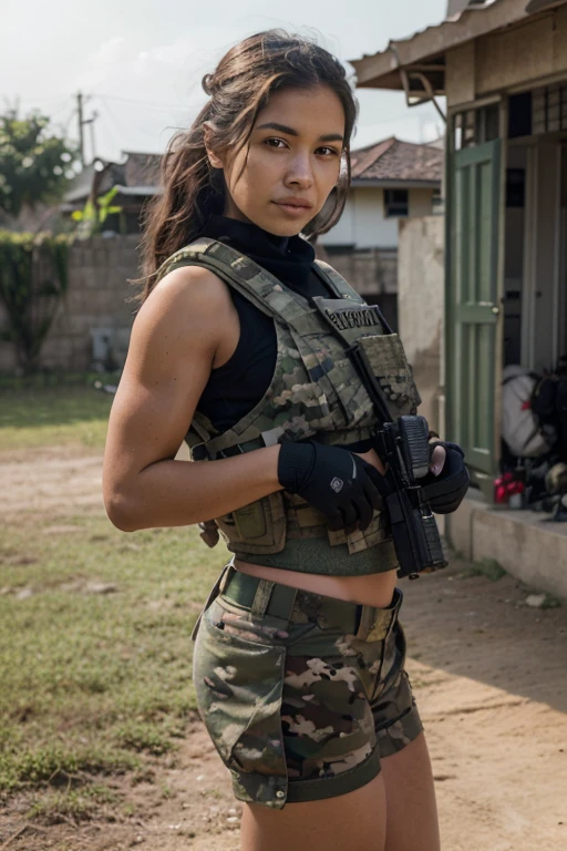 A young woman with a fair and clean skin and a muscular body from Indonesia, wearing a modern green camouflage military uniform with a striped pattern, complete with a patch of her country's flag on her left arm. She wears a tactical vest with various equipment pockets, a weapon holster on her thigh, and carries a military backpack on her back, and wears dark green knee pads. Black fingerless gloves cover her hands. Her face has a confident and focused expression. In the background, there are several soldiers in similar uniforms, wearing combat helmets and tactical gear, The atmosphere is slightly foggy with soft natural lighting, creating a realistic look like a professional camera shot.make the face match the country of origin realistically.
