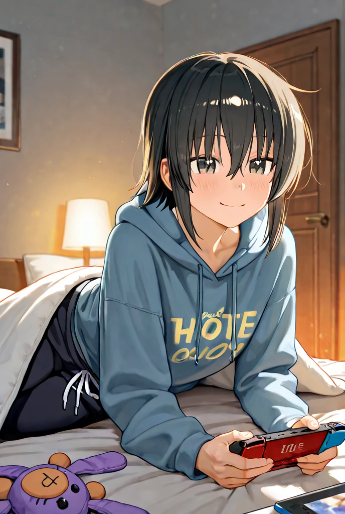 (((Masterpiece, highest quality, high definition, high detail)))), (((modern))), ((bedroom)), ((laying on bed)), (((one girl))), A girl in hotel room, moon shining through the window, beautiful face, tomboy, wearing hoodie, dark pajama shorts, (dark skin2), (black + short wavy hair1.2), yellow eyes, blunt bangs, wearing hoodie, gym panties, blushed face, small breasts, High resolution, dark ambient by professional AI, hotel room, nighttime, looking at viewer, (((One girl in middle))), (((SOLO)))