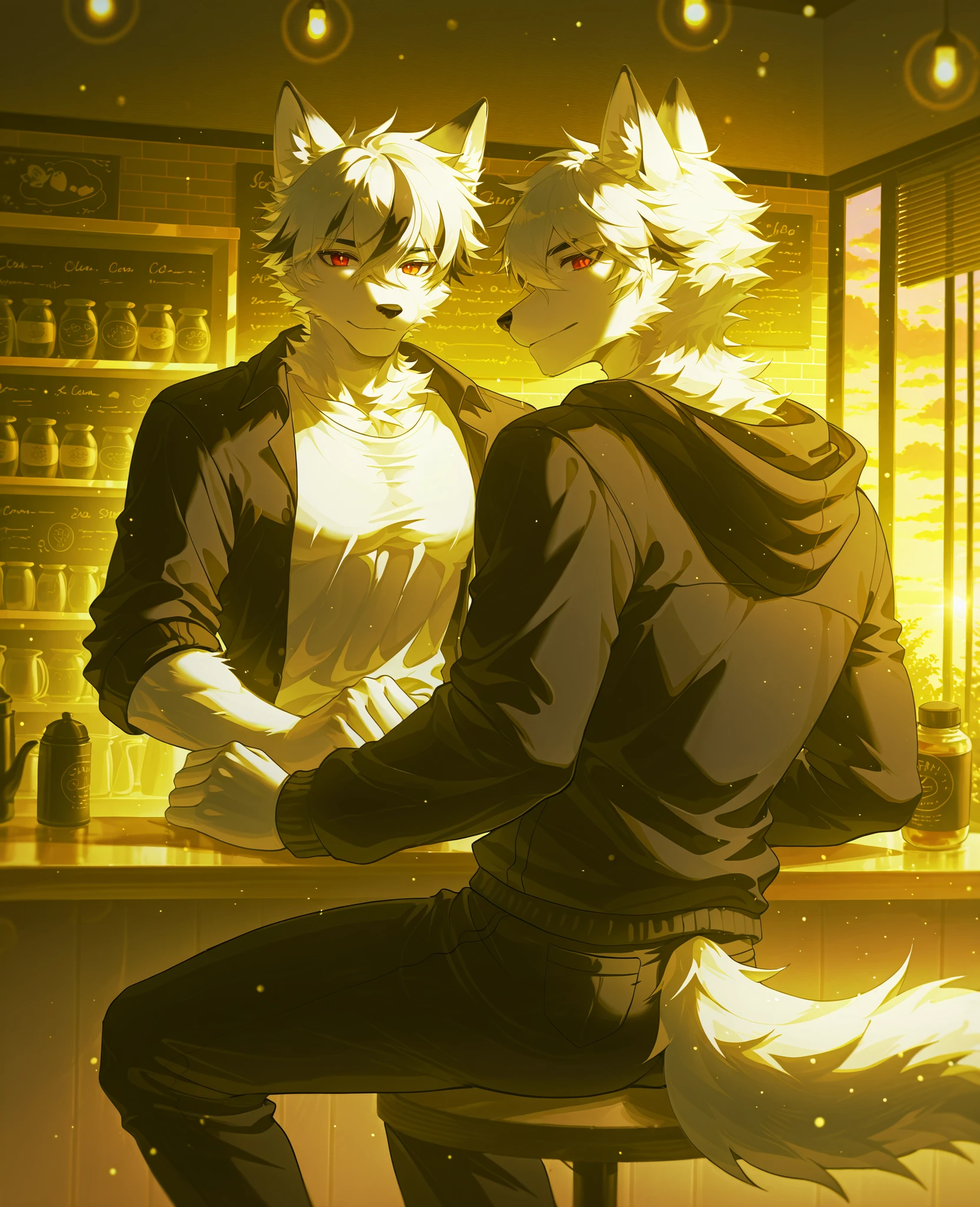 SFW, masterpiece,ultra-high definition,alone,high resolution,best quality,is anatomically correct,furry male,(White Fox),clavicle,(white fur:1.5,white hair), black_streaked_hair,short hair, black eyebrow,nose,(meticulous eyes, red eyes,detailed vivid pupils,Beautiful Eyes),nose,animal ears,fox ears,is ridiculous,Beautiful shape, handsome, Foxtail ,cowboy_shooting,(slim muscles:0.8,Skinny),(Work clothes , black hoodie,Open the jacket , White T-Shirt, black pants),(5 fingers:1.1),(calm face,light Smile),Sit at the front desk,(decorate,Cafe,sunny), ray tracing,Viewing_Back,from_Back:1.2,from_side:1.3,(bright light:1.2),Bokeh,detailed Background,The Tyndell Effect,sunshine,(cloud),rest,(wolf potato powder:0.3, chung0u0 ,uiokv:0.5,(Lin Dong:0.8),( in blue eyebrow :0.8),huashijw ,(Asteroid _Sick:0.8),( Smile \(qd4nsvik\):0.9)),CG,high resolution,SFW,Cafe店长