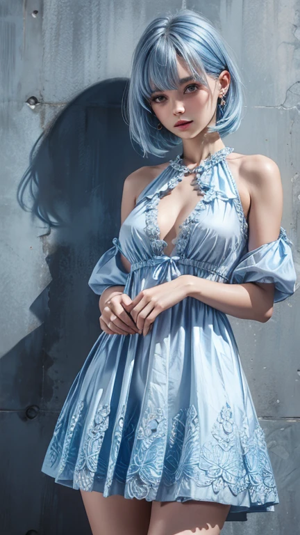 Blue-haired beauty，Lean against a wall，The dress is embellished with sparkling diamonds，Eye-catching，perfect make-up，Charming gesture，8K at its best，cinematic experience