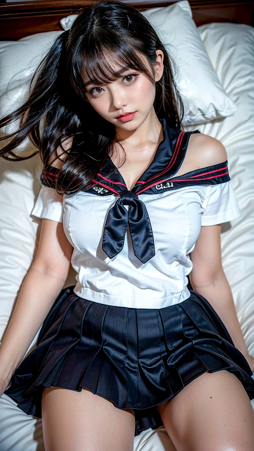 high quality fingers, Normal hands, detailed fingers,Masterpiece, (realisitic, Realistis:1.37), (18-year-old schoolgirl), Big breasts, small waists, black hair glamor, Blue Eyes, beautifull face, Perfect Illumination, Beautiful detailed eyes,looking up at viewer, stunningly beautiful woman, detailed hairstyle, detailed background, bedroom, bed, short skirt school uniform,Lace panties,(stocklings,garterbelt), (((lying on back))), top-down view, let your legs come out,Spread your legs apart,(((Climax leading to orgasm,facial expression,)))