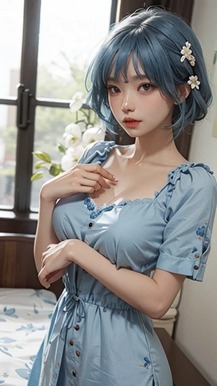 Gorgeus Girl, Beautiful, Baby Face, 20 Years Old, White Skin, Colossal Breasts, Side Pose, ((Cleavage)), White Classy Checkered Dress, Blue Eye, Muscles, Bokeh, Masterpiece, Medium Bob Blue Hair, simple blue wall, off-shoulder