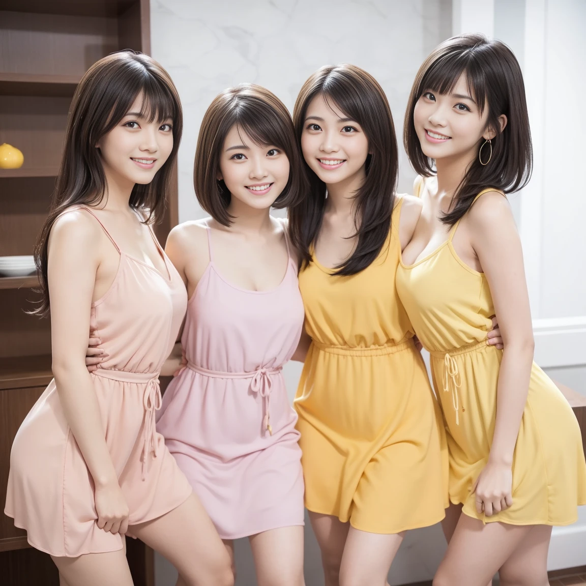 beautiful woman, little smile, friendly smile, bangs, off shoulder, gold chrome mini g-string, detailed face, beautiful eyes, intricate details, cinematic, highly detailed, photorealistic, 8k, masterpiece, elegant, warm color tones, natural lighting, glowing skin, flowing hair, sensual, alluring, captivating, enchanting
