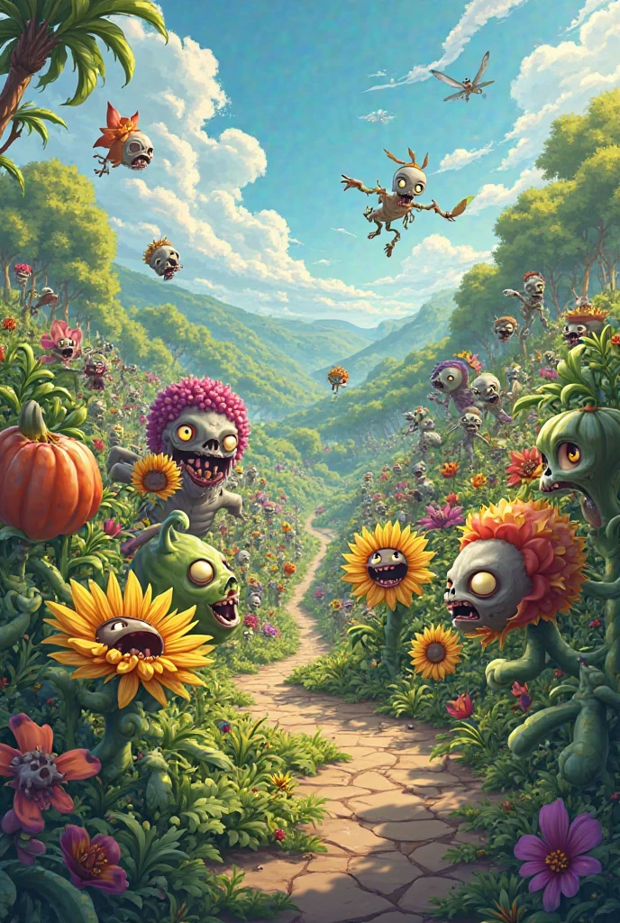 a horde of zombies, a plant attacking zombies, , a battle between plants and zombies, a post-apocalyptic scene with plants fighting zombies, a surreal landscape with mutant plants and zombies, a dark twisted plant vs zombie fantasy scene, a lush overgrown garden infested with the undead, a bizarre hybrid plant-zombie creature, a verdant battlefield of carnivorous plants and zombies