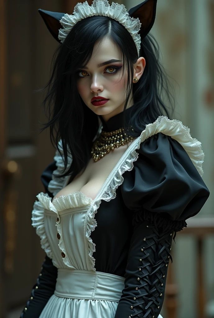 (masterpiece, photorealistic:1.4, extremely intricate:1.3), (photon mapping, radiosity, physically based rendering, ultra resolution, hyper-realistic, 8K), black hair updo goth girl, blackout eyeshadow, 30 year elegant woman, pale skin, high collar renaissance green white lace dress, black lips, chains, bright blue eyes, buxom, upper torso