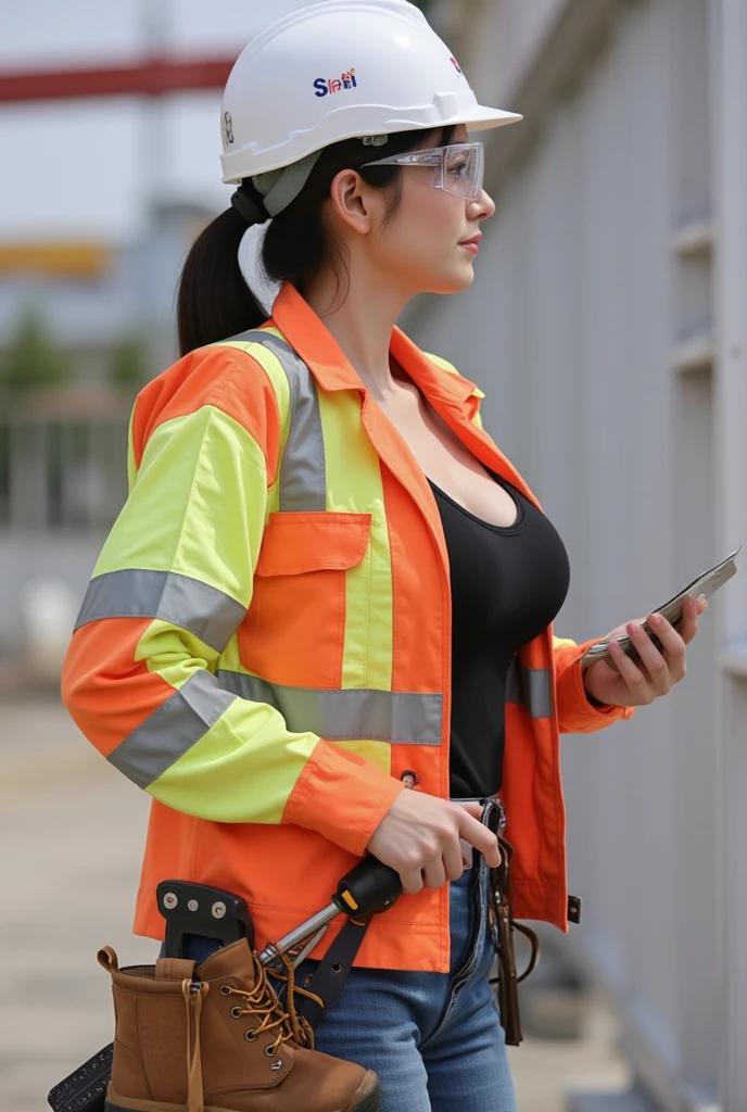 (((subway track maintenance worker costume))),(((reflective vest))),(((hard hat))),(((rubber boots))),(((Biceps pose))),(((bare inner thigh))),(((double-breasted,underbust:1.2))),(((safety cone and rammer))),ulzzang-6500-v1.1, (Raw photo:1.2), (Photo realistic:1.4), a beautiful detailed girl, extremely detailed eye and face, beautiful detailed eyes, ultra-detailed, High resolution, top-quality, ​masterpiece, highly detailed, 8k wallpaper, Wonderful, finely detail, top-quality, Light on the face,movie lighting,1girl in,(),Beautiful eyes,smile,Opening Mouth
