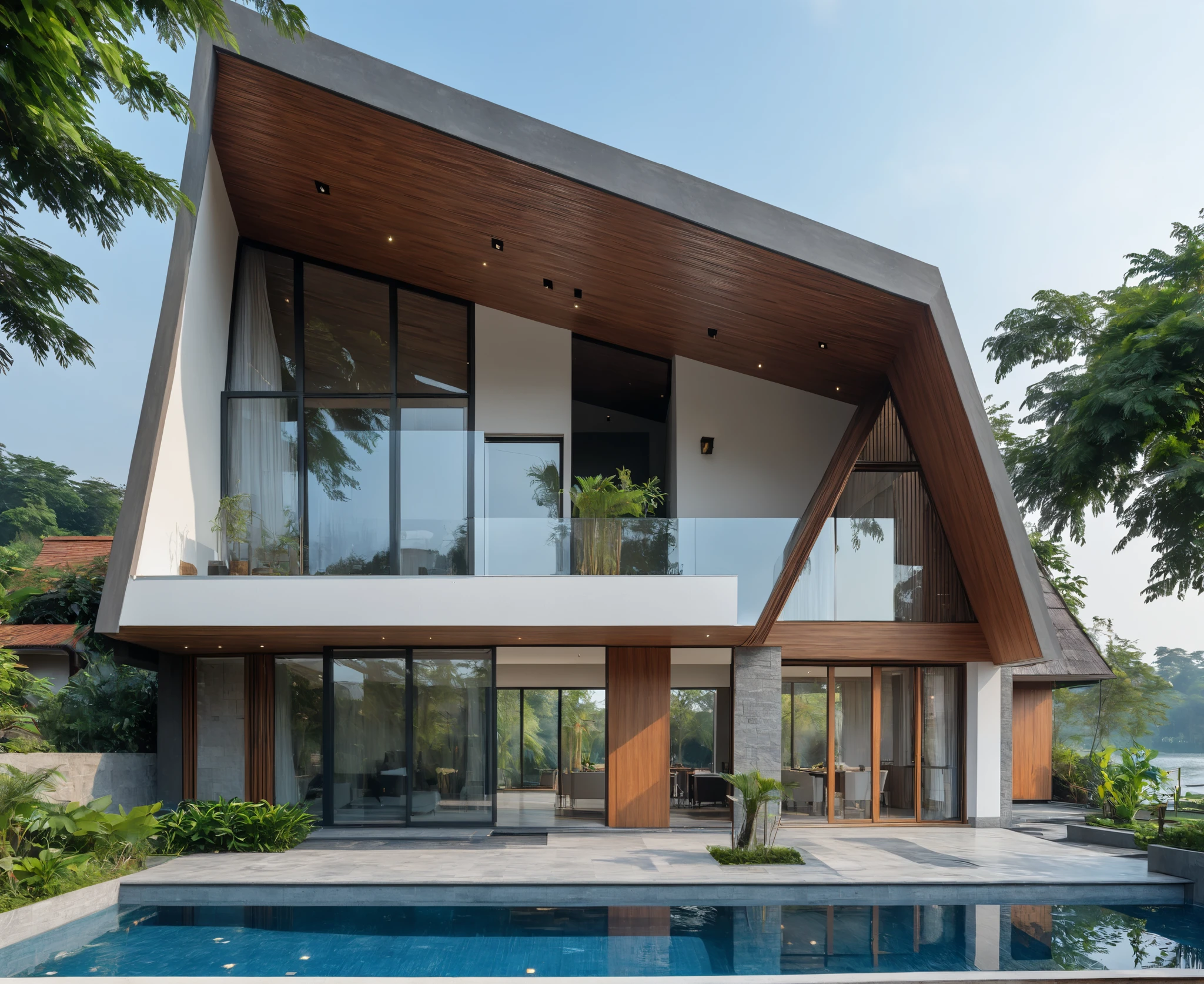 Modern style, house building, interior furniture, exterior house, contemporary style, ( wood bars ) wall, granite floor, roofing thatched, glass window, (realistic:1.2), Masterpiece, high quality, best quality, finish color paint , garden trees, terrace space , background big water lake, (lighting interior:1.2), (day light blue sky : 1,2), UHD 8K resolution, cinematic lighting, Residential Architecture, Villa, Apartments, Ultra-detailed , real architecture photo a espectacular modern house, Reflection .

