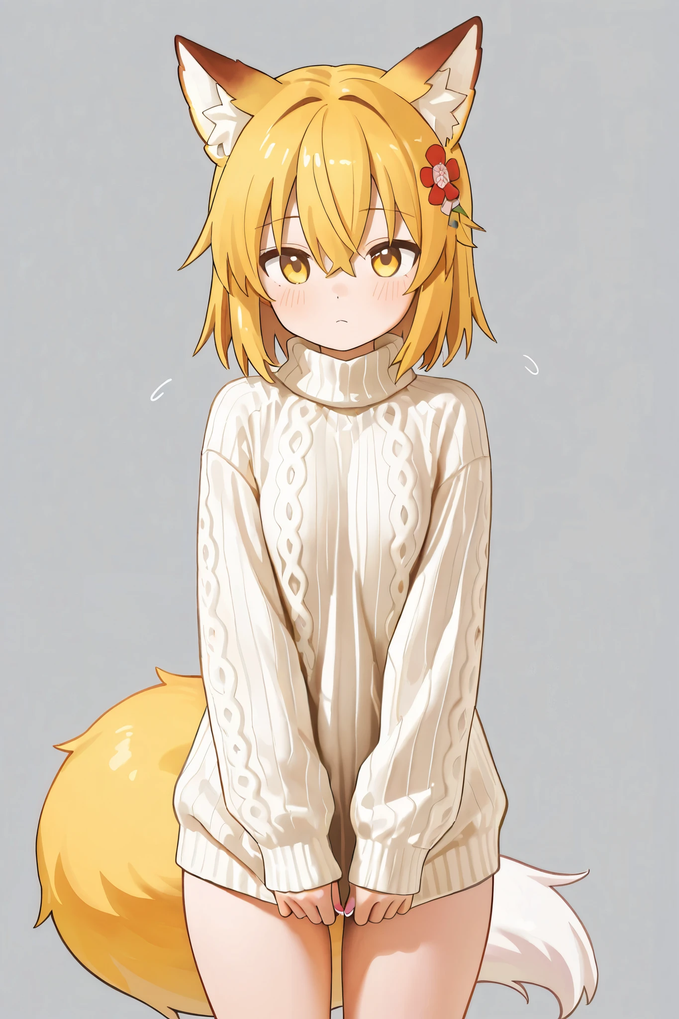 NSFW,masterpiece,best quality,high resolution,very detailed,Fairy Fox\(世話やきキツネのFairy Foxさん\),short hair,bungs、golden hair、hair ornament、 Beast Ears、hair between eyes、yellow eyes、flower、髪のflower、 Beast Earsの綿毛、fox ears、赤いflower、Fox Girl,turtleneck sweater, Dowel Dowel Sweaters