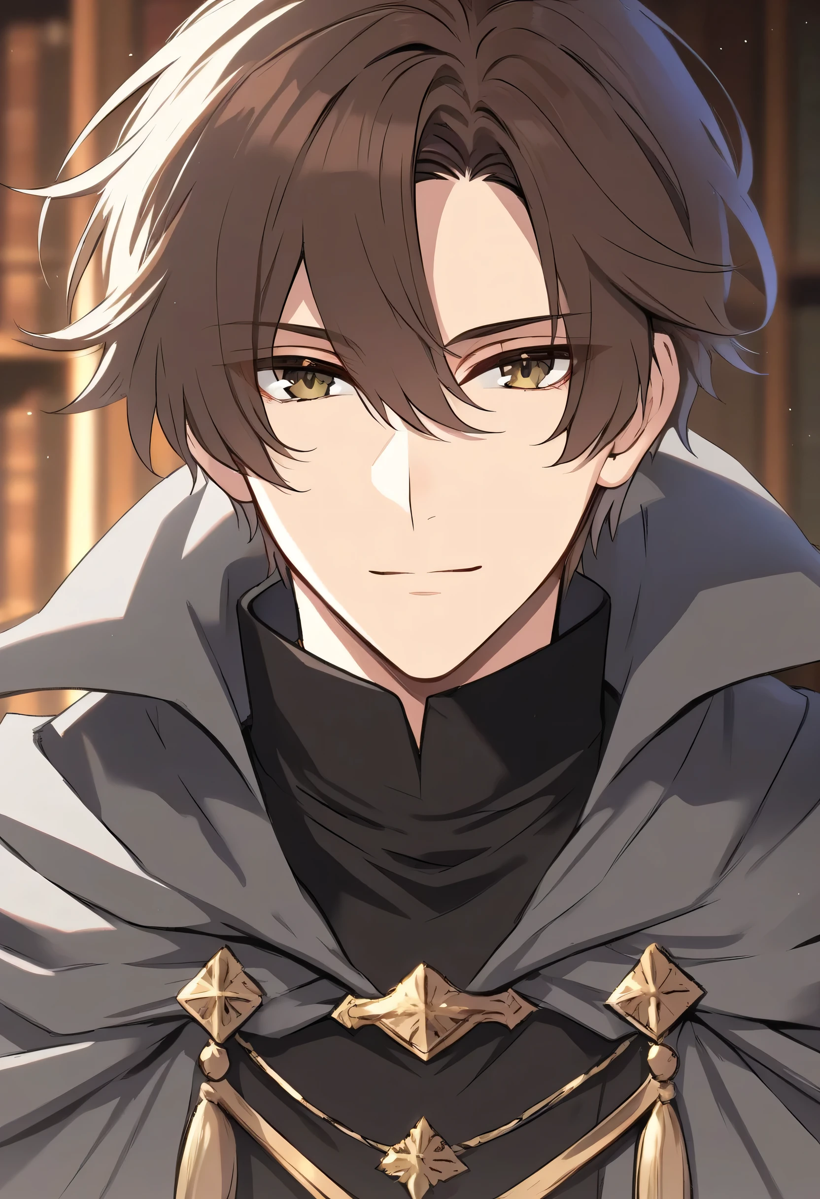 Male + brown hair + hazel eyes + black robe + gray cloak + solo + face shot + library background