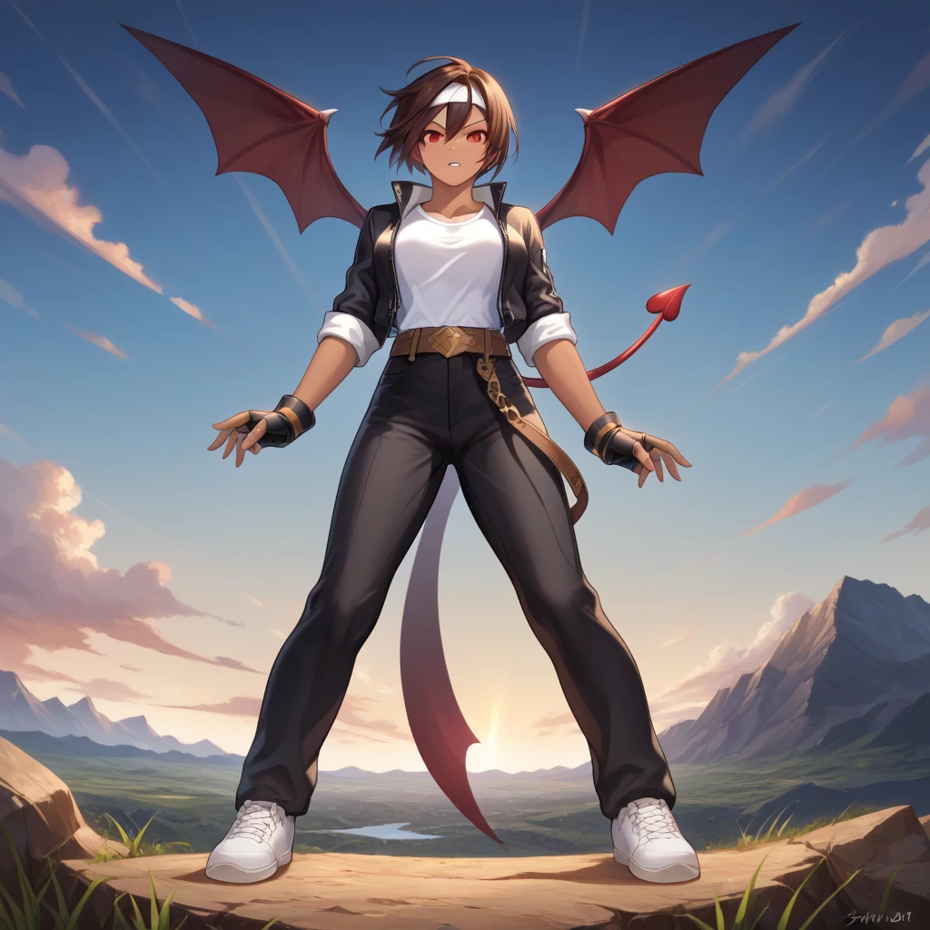 score_9, score_8_up, score_7_up, score_6_up, score_5_up, score_4_up, source_anime, 1girl,black hair,ponytail, orange eyes, w-w-chain, spread arms, messy hair, white shirt,pants,thigh high boots,red and black boots,w-w chain,dungeon, best quality, best res, 4K UHD,