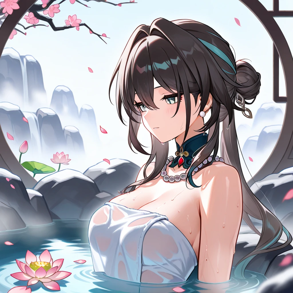top-quality,Top image quality,(tmasterpiece:1.2),Atdan, 1 plump girl, Alone, Branch, flowers blooming, jewely, a skirt, ear nipple ring, that tree, through bangs, Long gray hair, hair adornments, view the viewer, Chinese clothes, black hair color hair, hairflower, Brown hair, exposed bare shoulders, Very long hair, Wide sleeves, longer sleeves