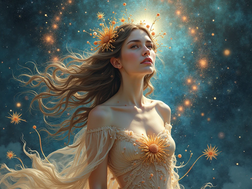 Serene and graceful, the dimensional form of Emma flows in meditative repose. With eyes softly closed, she appears deep in tranquil thought as stars and galaxies spiral slowly within her transcendent being.
Her hair and gown transform into currents of stellar mists, colorful celestial clouds aglow with the light of newborn suns and planets. Pulsing nebulae, shiny comet trails, and the dark beauty of interstellar dust swirl around the contours of Emma's peaceful features.
Arms widespread as if embracing all creation, she becomes one with the heavenly portraits projected across her cosmic flesh. Entire universes bloom inside her, essence merging with the very fabric of space and time.
Ethereal strands of cosmic DNA - glowing filaments, lunar latticework, tesseracts unfolding - comprise the intricate patterns adorning her raiment. In the expanse behind Emma, the glittering architectures of a billion realities kaleidoscope into eternal mandalas of genesis.
At Emma's core, a radiant galaxy spiral slow turns, each star a reflection of her soul's awakening. Around this mystical center, she floats through imagination's expanse - a vision of wisdom borne from stardust, birthing life's poetry amongst the heavens.