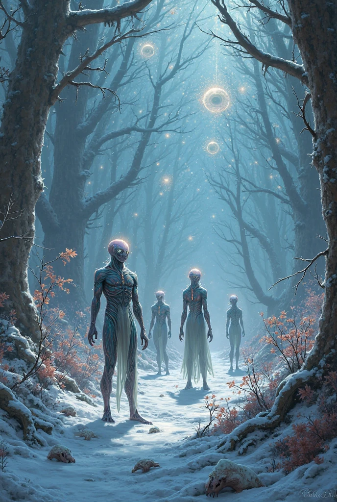 Several Aliens in a cold forest with strange animals - SeaArt AI