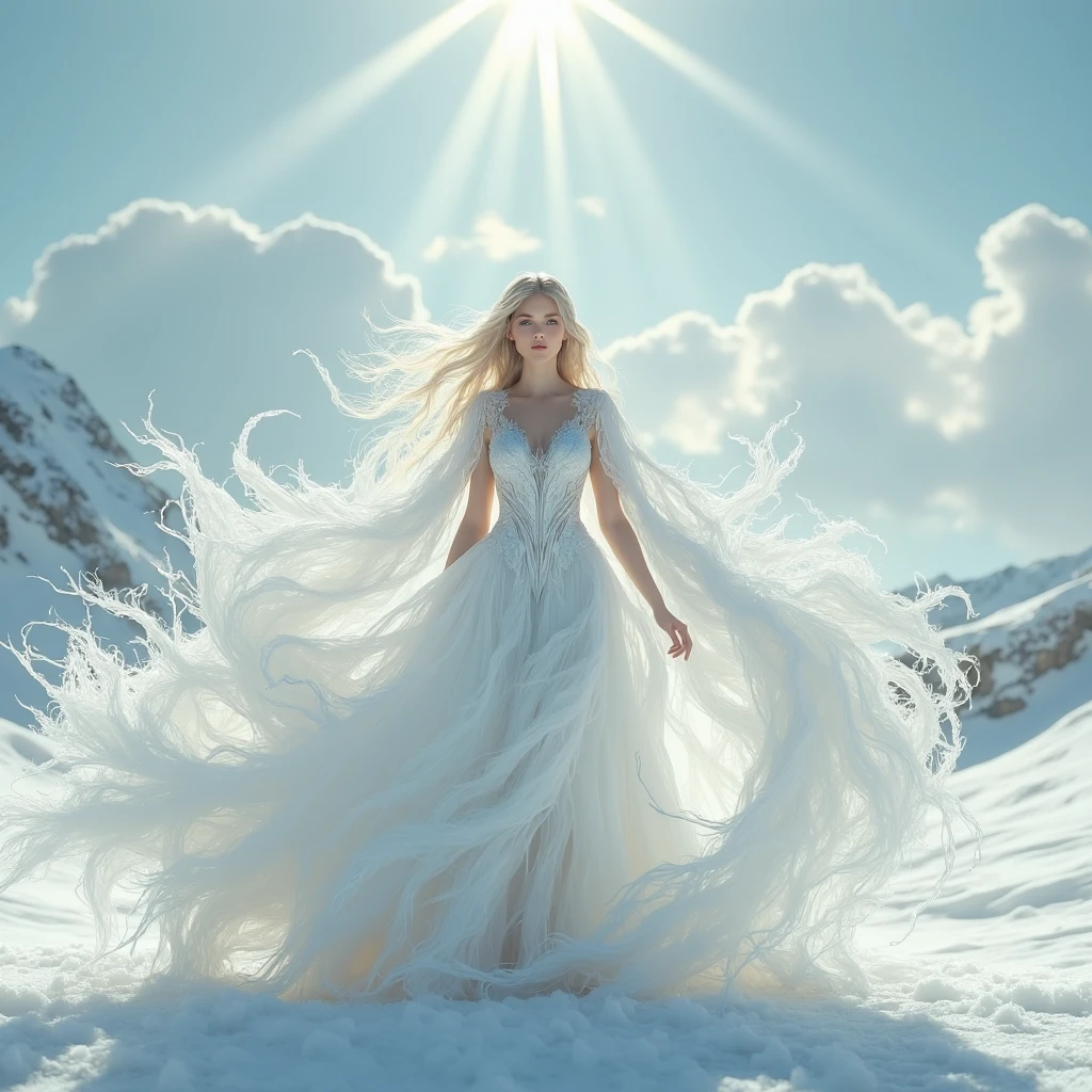 Lady Gaga dressed in white coming down from the clouds like a Roman goddess