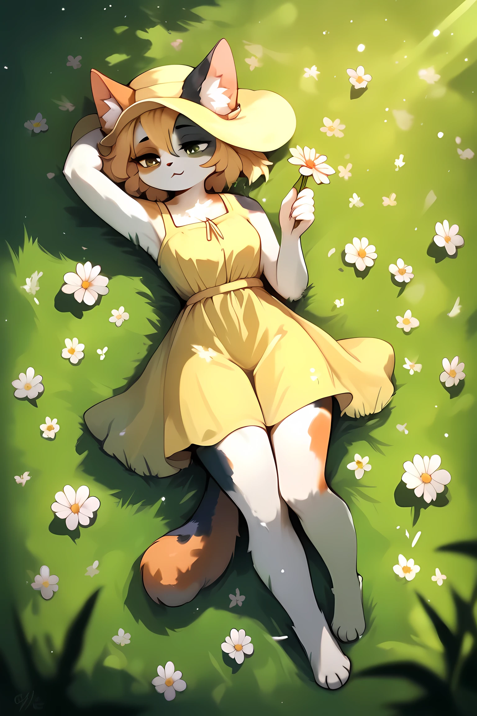 score_9, score_8_up, score_7_up, source_furry, (beautiful, detailed background, very aesthetic, digital artwork, digital art, well shaded artwork, depth)1.2, anime - style image of a woman furry, calico cat furry, yellow sundress and yellow hat, short hair, grassfield, beautiful girl, beautiful scenery, sfw version, laying on grass, eyes half closed, holding flower, sniffing flower, pixiv art, masterpiece, 