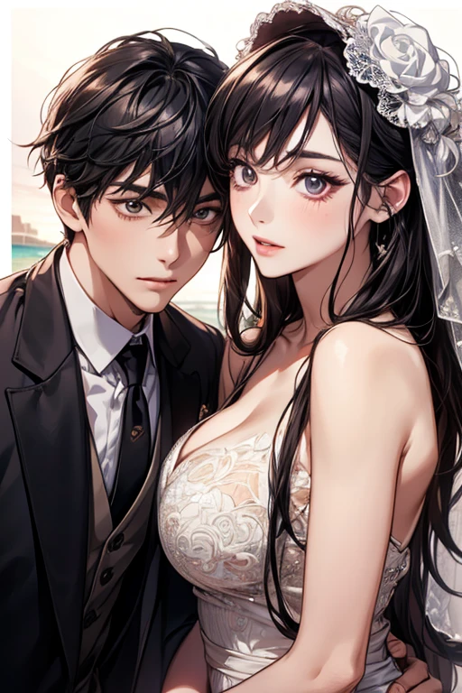 Imagine a handsome boy with black hair., dressed in an elegant black suit, already a beautiful girl with pink hair, wearing a beautiful dress of the same color. They are together, looking at the camera with radiant smiles. The boy has his right hand placed gently on the girl's waist, while she has her left hand resting on her right shoulder. They both look relaxed and comfortable with each other..., as if they were a couple in love. The image captures an intimate and special moment between them., full of affection and complicity.