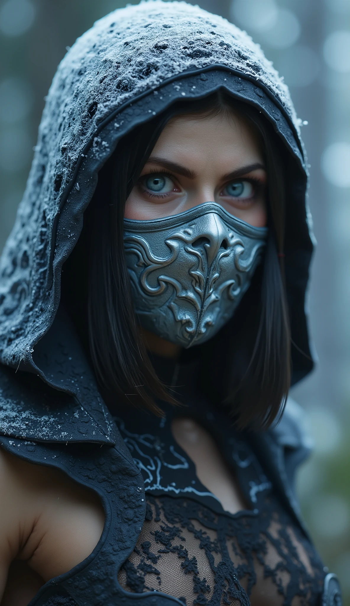 Hyper-realistic photographic style. as frost woman mortal kombat. Close-up do rosto. Extremely realistic branca mask and silver metalico details mask closed in the mouth. flawless skin texture. Bottom: dense forest, Greg Rutkowski style . dramatic lighting. 8k. 8k, rendered in Unreal Engine 5 realistic background Ultra-detailed textures, Cinematogr lighting