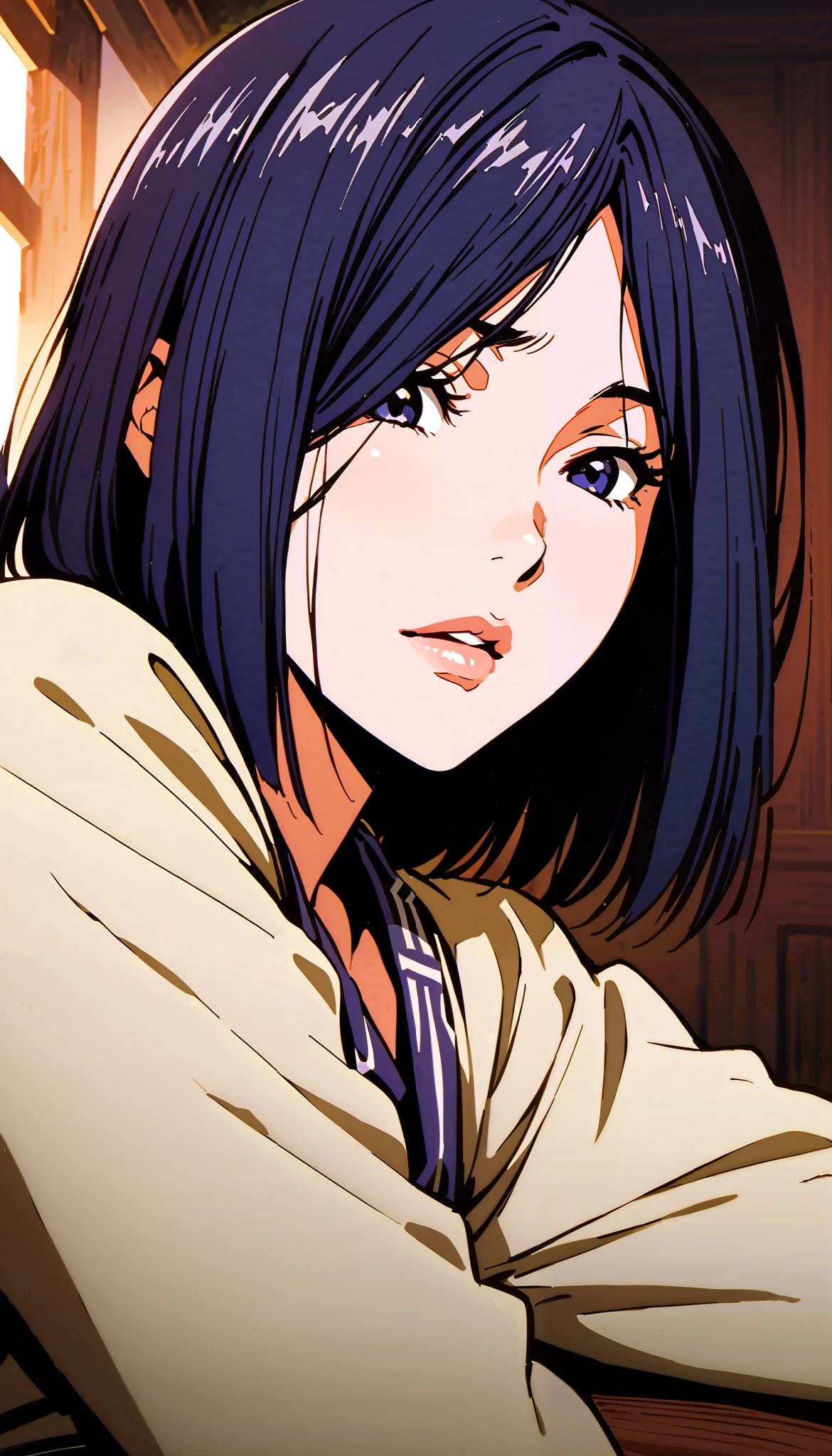 vintage movie, girl, short hair, navy hair, straight hair, woman body, solo
, hyuga clan, shinobi village, konohagakure, (((perfect lips))), perfect hair, looking down, shy, melancholic, ((young)), ((19 years old)), ((izumi nase))
