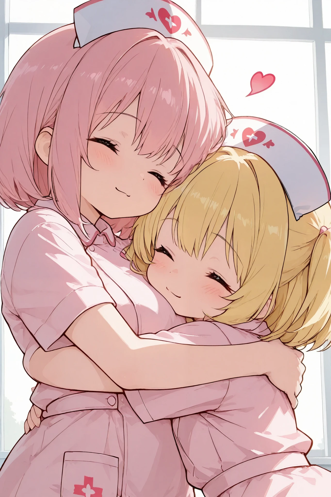kawaii anime style,illustration,perfect cute 2girls,high detail skin,nurse uniform,nurse cap,hug,many cute heart symbol,UHD, masterpiece, anatomically correct, super detail, high details, best quality, 8k