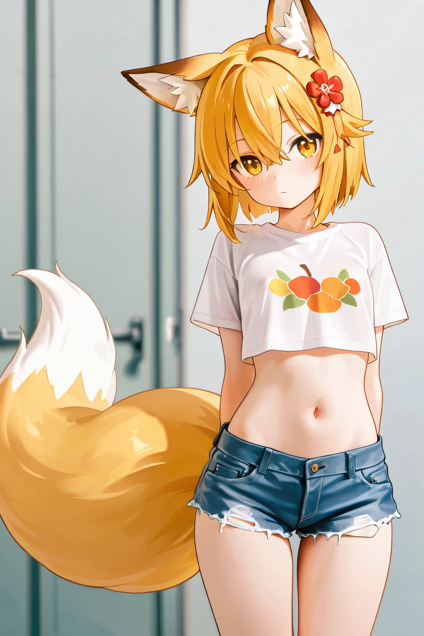NSFW,masterpiece,best quality,high resolution,very detailed,Fairy Fox\(世話やきキツネのFairy Foxさん\),short hair,bungs、golden hair、hair ornament、 Beast Ears、hair between eyes、yellow eyes、flower、髪のflower、 Beast Earsの綿毛、fox ears、赤いflower、Fox Girl, crop top shirt ,denim shorts