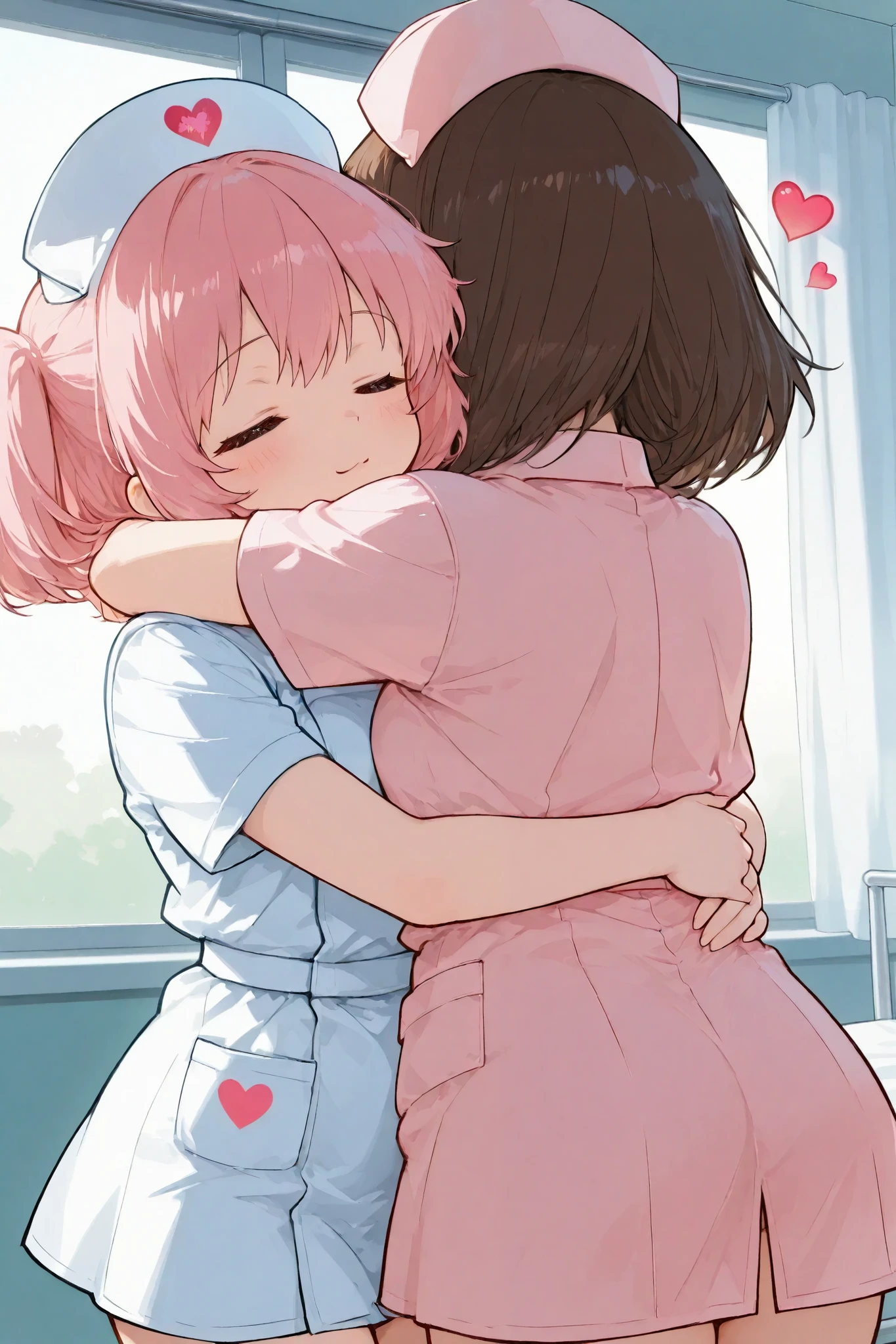 kawaii anime style,illustration,perfect cute 2girls,high detail skin,nurse uniform,nurse cap,hug,many cute heart symbol,UHD, masterpiece, anatomically correct, super detail, high details, best quality, 8k
