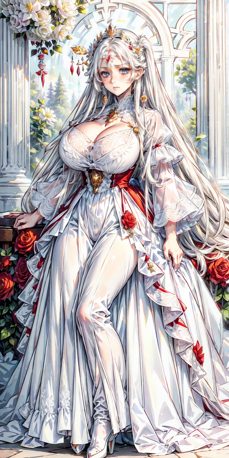 Best quality, masterpiece, ultra high res, raw photo, beautiful and aesthetic,deep shadow, fantasy theme,(ultra detailed:1.3),
1girl, standing pose, Realistic, cute girl, super long hair, hair, (mega twintail:1.3), hair ornament, (twin braids:1.2), thick hair, white hair, large breasts, big butt, hourglass body, emphasis on hair, emphasis on eyes, emphasis on face, white eyes, crying, white princess clothing, white Victorian dress, long skirt, gloves, full body, indoors