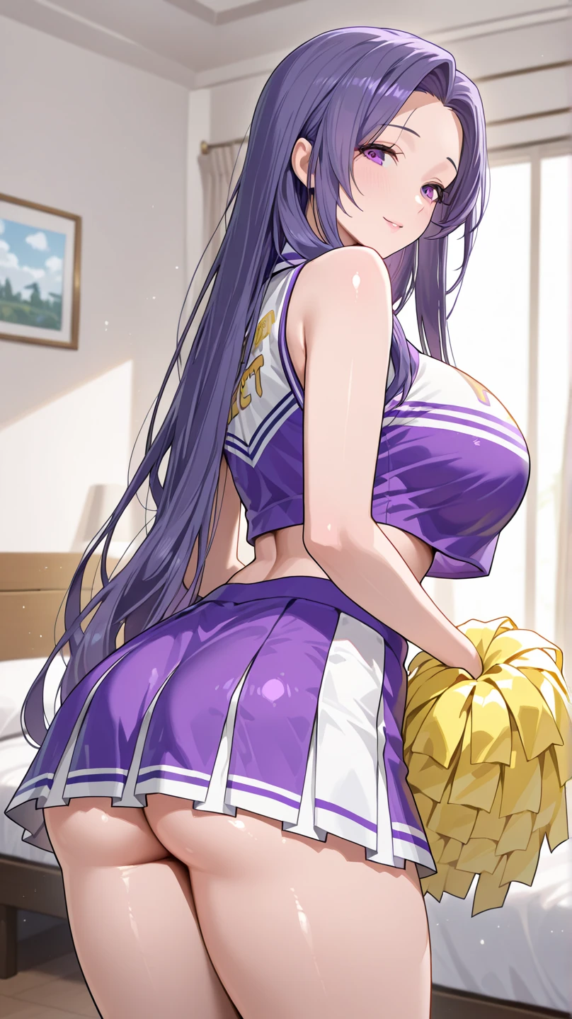 maternal smile, blushing, Pompones, uniform, crop top, midriff skirt, miniskirt, crop top overhang, clothes lift, large, sweat, thick thighs, (huge chest 1.5), cheerleader uniform, wet clothes, semi-transparent clothing, erect nipple under clothes, high ponytail, visible underwear, micro thong, (high thong), (standing on one leg), masterpiece, best quality,  Very detailed