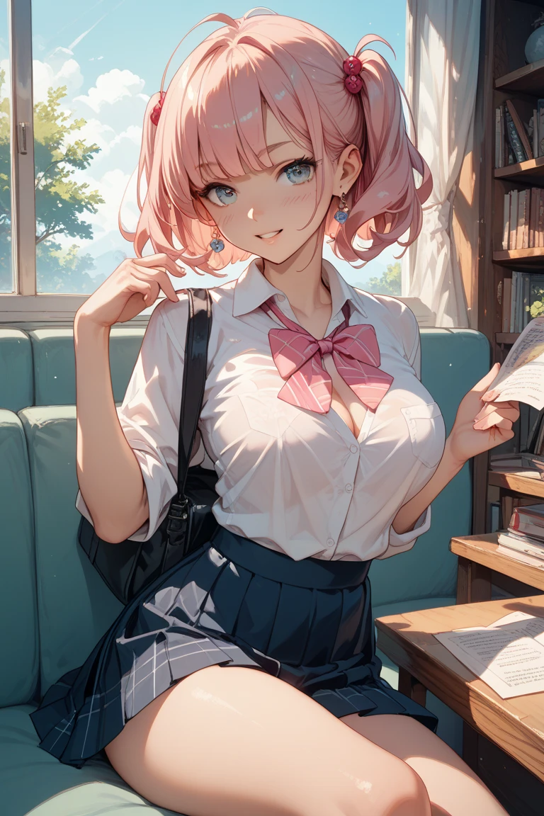 (highest quality:1.4)、(High resolution)、Detailed Background、(Beautiful face in every detail:1.4)、Anatomically correct、(Draw the usual number of fingers:1.2)、(Detailed facial expressions)、Beautiful, smooth skin、Teenage Girl、(Huge breasts:1.4)、cute hair color、cute hairstyle、Realistic、Perfect body line、Sitting in a chair at a family restaurant、Accentuate your breasts、Accentuate your cleavage、Show off your attractive armpits、Attractive big ass、attractive thick thighs、Absolute area、Charming atmosphere、Excited、Blushing、My shirt is about to be buttoned off.、The buttons on my shirt are so pulled they&#39;re about to come off、He looks at me with a shy expression、Short sleeve shirt、Cowboy Shot、Panty Shot、

(Two beautiful girls wearing short sleeve shirts that are too small and the buttons on their chests are coming undone, causing their breasts to spill out.:1.5)、

Choose a short shirt blouse that is slightly smaller in length, such as pink or mint green.、
Pair it with a pleated or flared mini skirt.、
The tulle mini skirt is also cute.、Colorful ribbons、
Complete your look with Oxford shoes、Panty Shot、cute