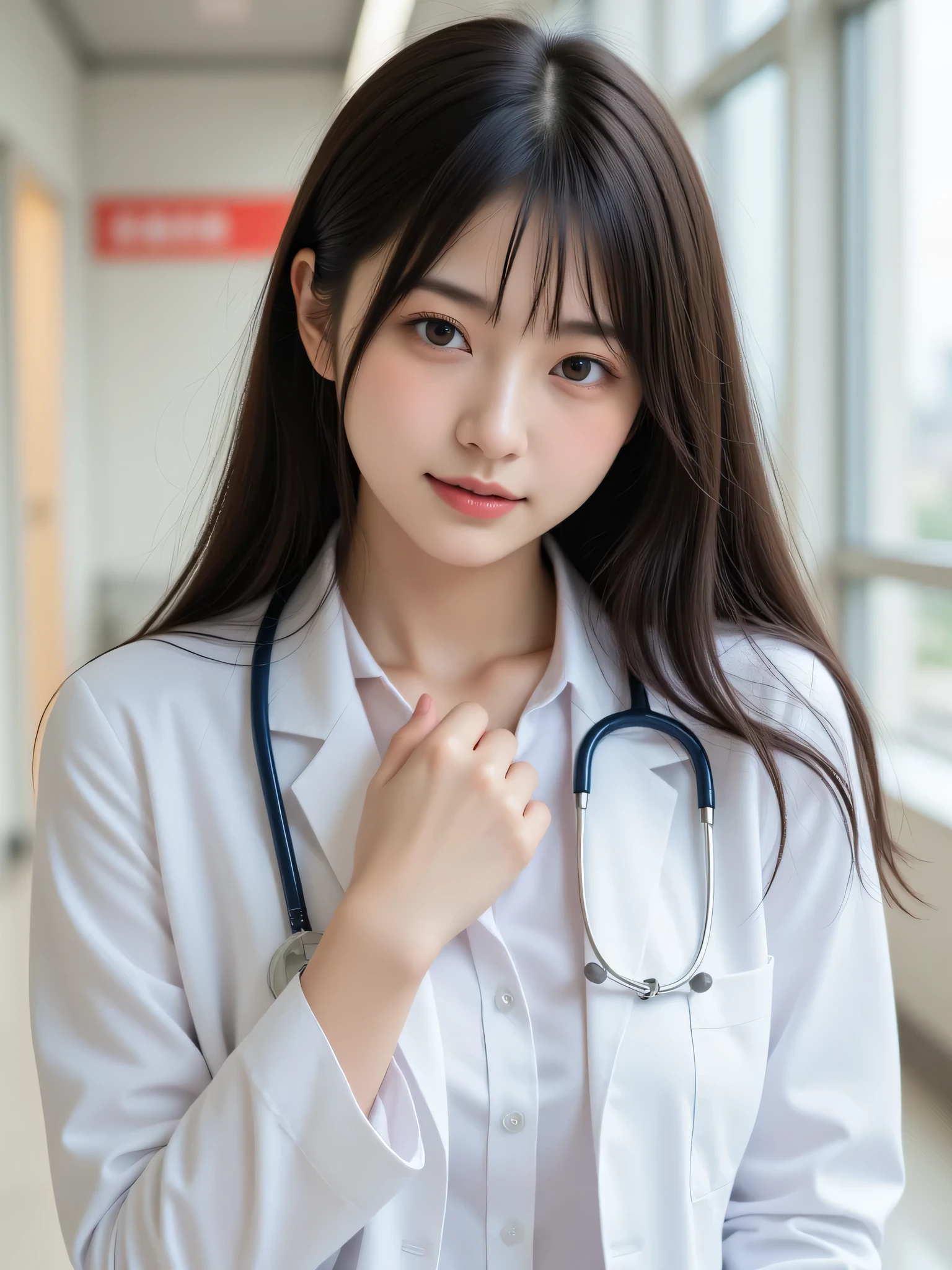 japanese cute idol, Japanese cute woman, kawaii, a beautiful young woman , 1girl, solo, black hair, long hair, looking at viewer, masterpiece, best quality, hyper detailed, insanely detailed, 16k, absurdres, japanese, cute, kawaii, photorealistic, Realism, raw photo, real person, 1 girl, high resolution, look, big breasts, Health Room、Health Room’s teacher、 is wearing a white coat、sex in the Health Room, can be seen all over, cute face, beautiful face, GRIN face , hospital. ,Female doctor、