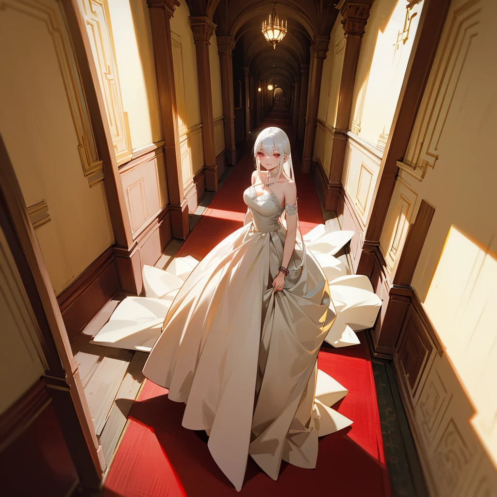 white hair woman, diamond-colored eyes, turquoise clothing, long, plain turquoise dress, In a luxury mansion, alone.