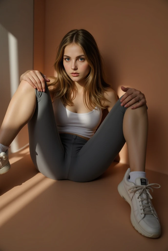 Mejor calidad,4k,8K,high resolution,obra maestra:1.2,ultra detallado,realista:1.37,profesional,vivid colors,masterful lighting,hermosas piernas detalladas,artistic representation,piernas modelo perfectamente formadas,zapatillas deportivas detalladas en blanco y gris,fondo rosa