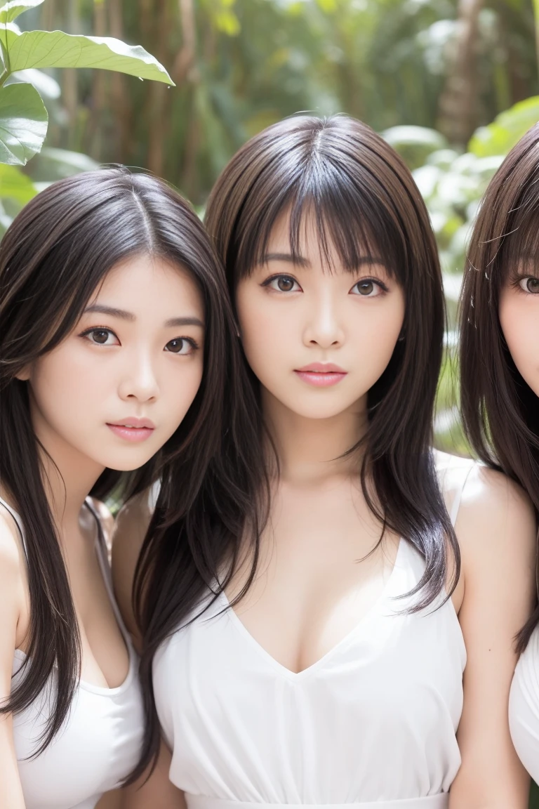 ((masterpiece))、(top-quality)、(detaileds)、2girls、(the kiss:1)、Dark hair、Dark hair、straight haired、White Bikini、((Has a small, Wet, see -through:1.5, beauitful face, Ren Hao, an legs, 超A high resolution, Plump breasts、cleavage of the breast、delicated、Lesbian kiss、White bra、White panties、Intertwining tongues、see -through、Asuka Saito、
