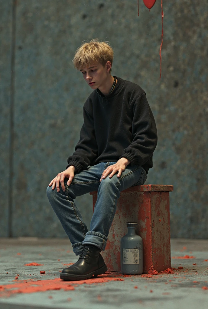 The fourteen-year-old blond boy was a prisoner, A collar is worn around the neck, Wear an orange one-piece prison suit, The clothes are printed "Jacob Bryant 200110"。He wears white sport socks and brown flip-flops, Handcuffs on their hands, Sitting alone in a closed cell。There was only one bed and an iron gate in the cell, Walls on all sides, The lighting is dim, Blonde hair, Short hair, Devil Eyes, annoyed, Sad, Evil, guilt, devil pupils, Verism, Interior architecture, full bodyesbian，Cinematic lighting, From above, Eye level shots, Sony FE GM