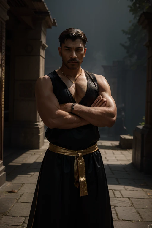 "A shadowy chamber within the palace of Hastinapura. Dhritarashtra, tall and imposing, with a muscular build, dressed in dark red and gold royal garb, stands with his back turned to the viewer, his eyes closed or covered, symbolizing his blindness. The atmosphere is tense, with ominous shadows and a foreboding atmosphere, as the dark truth is concealed from the royal family of Gandhara