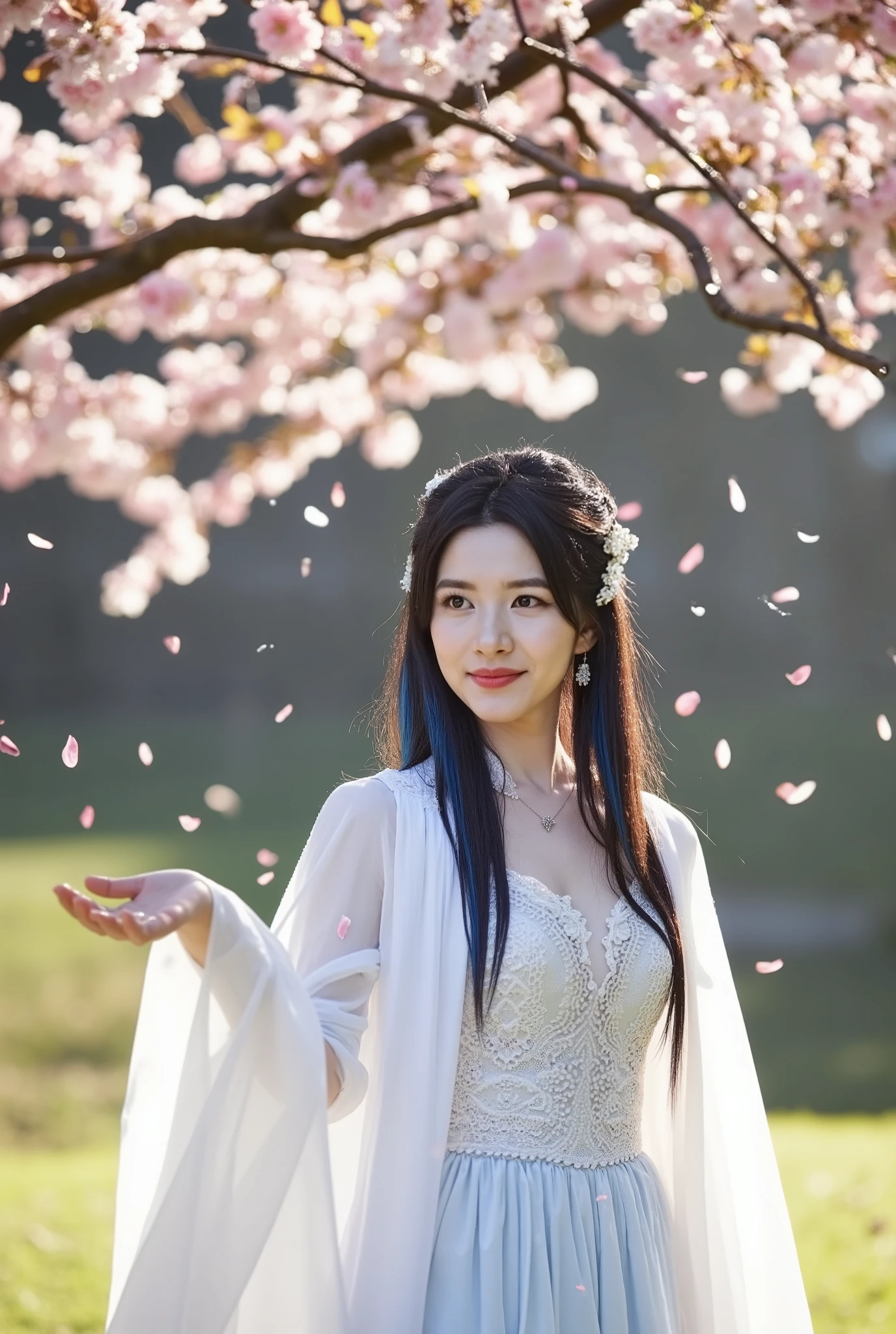 A beautiful bride with long black hair streaked with blue stands beneath a cherry blossom tree, her face glowing with a soft smile. Her hazel eyes shine with warmth, complemented by plump lips and a delicate nose. She's dressed in an elegant wedding gown, adorned with intricate lace and flowing fabric that sways with the gentle breeze. Her wedding ring gleams, reflecting the soft light, while her bowtie, earrings, and necklace add a touch of sophistication. She holds one hand outstretched toward the viewer, as if inviting them into her tranquil moment. The blurred background is filled with falling cherry blossom petals, and a few leaves drift lazily through the air, carried by the wind. The tree’s shade provides a serene atmosphere, and the sunlight dapples her face, highlighting her features in sharp focus. The composition is cinematic, with the high contrast and depth of field bringing the scene to life in stunning detail,water droplets glistening around her.