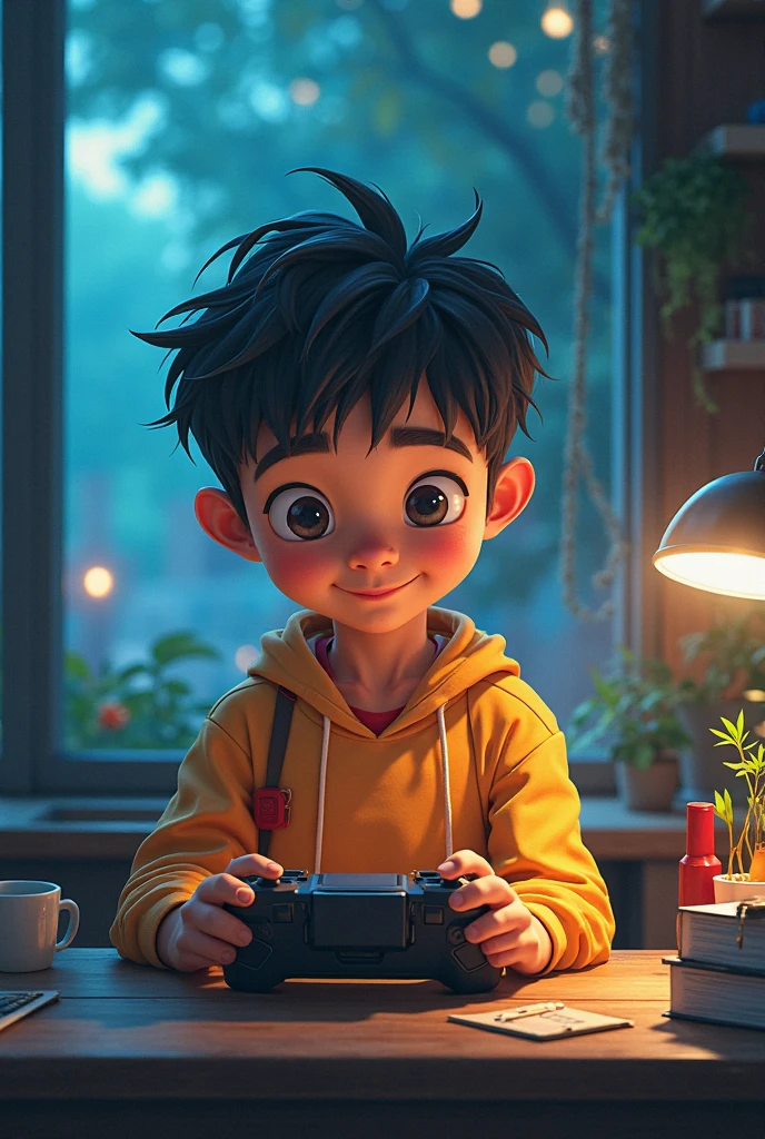 A boy who looks like a gamer in his mid-teens, wearing headphones around his neck.