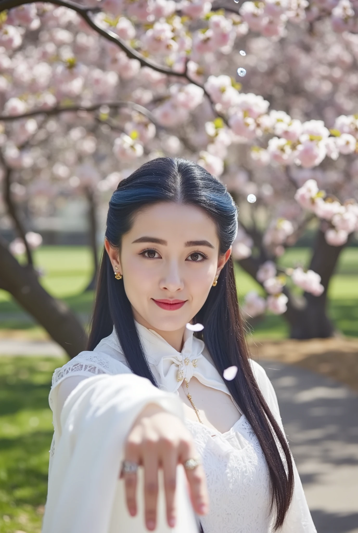 A beautiful bride with long black hair streaked with blue stands beneath a cherry blossom tree, her face glowing with a soft smile. Her hazel eyes shine with warmth, complemented by plump lips and a delicate nose. She's dressed in an elegant wedding gown, adorned with intricate lace and flowing fabric that sways with the gentle breeze. Her wedding ring gleams, reflecting the soft light, while her bowtie, earrings, and necklace add a touch of sophistication. She holds one hand outstretched toward the viewer, as if inviting them into her tranquil moment. The blurred background is filled with falling cherry blossom petals, and a few leaves drift lazily through the air, carried by the wind. The tree’s shade provides a serene atmosphere, and the sunlight dapples her face, highlighting her features in sharp focus. The composition is cinematic, with the high contrast and depth of field bringing the scene to life in stunning detail,water droplets glistening around her.