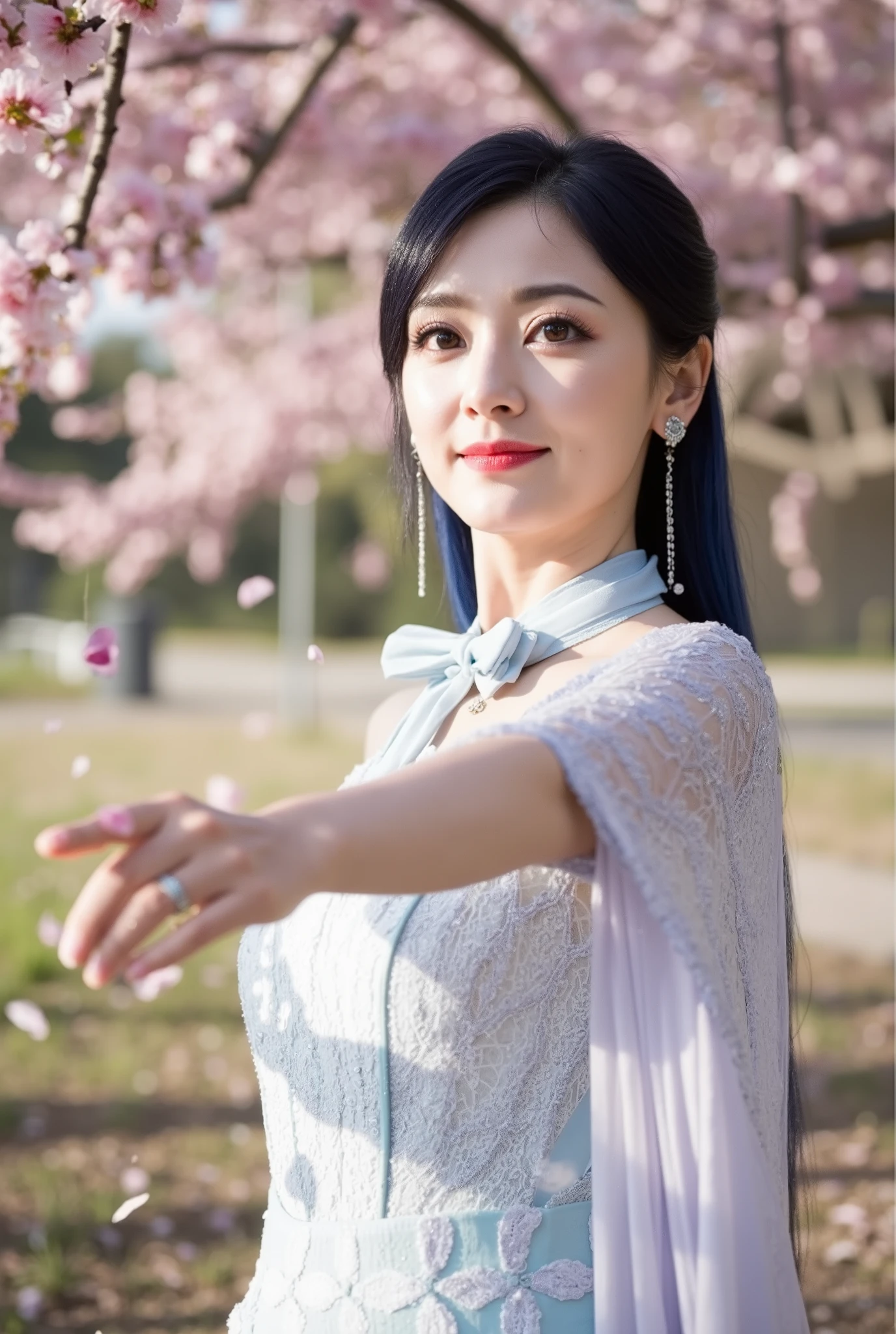 A beautiful bride with long black hair streaked with blue stands beneath a cherry blossom tree, her face glowing with a soft smile. Her hazel eyes shine with warmth, complemented by plump lips and a delicate nose. She's dressed in an elegant wedding gown, adorned with intricate lace and flowing fabric that sways with the gentle breeze. Her wedding ring gleams, reflecting the soft light, while her bowtie, earrings, and necklace add a touch of sophistication. She holds one hand outstretched toward the viewer, as if inviting them into her tranquil moment. The blurred background is filled with falling cherry blossom petals, and a few leaves drift lazily through the air, carried by the wind. The tree’s shade provides a serene atmosphere, and the sunlight dapples her face, highlighting her features in sharp focus. The composition is cinematic, with the high contrast and depth of field bringing the scene to life in stunning detail,water droplets glistening around her.