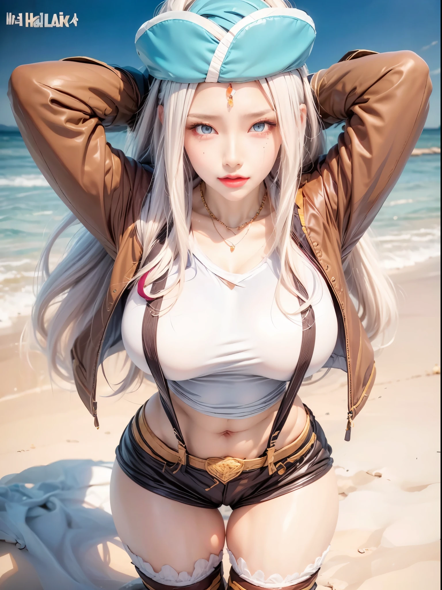 1girl, pretty face, beauty face, white skin, hands above head, long stomach, helpless, begging face, pov hands,, hands tied up, in restraints, handcuffed, pulled by another, lifted by another, grabbing, pulling, pull up bra, open shorts without buttons , white skin, navel tickled with fingers, hands raised, tied in tree, helpless, santa, whole body, navel, in jungle, in water, in the water full of giant centipede, night, raped, carrying backpack