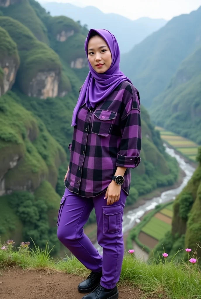 beautiful Indonesian woman , berkulit white mulus, well-groomed face,wearing fuchsia hijab, ,kemeja white    white kotak-kotak hitam kaos warna fuchsia berlogo Santi, brown cargo pants, cool watch, 
sepatu white, pose staring,smile,sambil menaiki anak tangga jembatan  yang sangat  panjang..,left right bridge lake very beautiful, there are red lotus flowers. Pink,,white, decorate the pool, The background is visible from a distance, the traditional cafes lining the edge of the lake are truly amazing.. Original photo ,Realistic 
