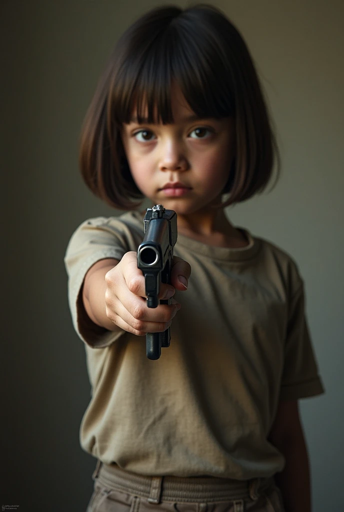 A child training to hold a revolver in a garden in the middle of nowhere